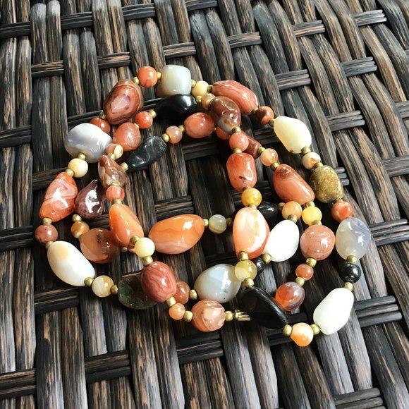 Vintage Polished Gemstone Beaded Necklace 34" Long Weighty Earth Tones - Picture 8 of 16